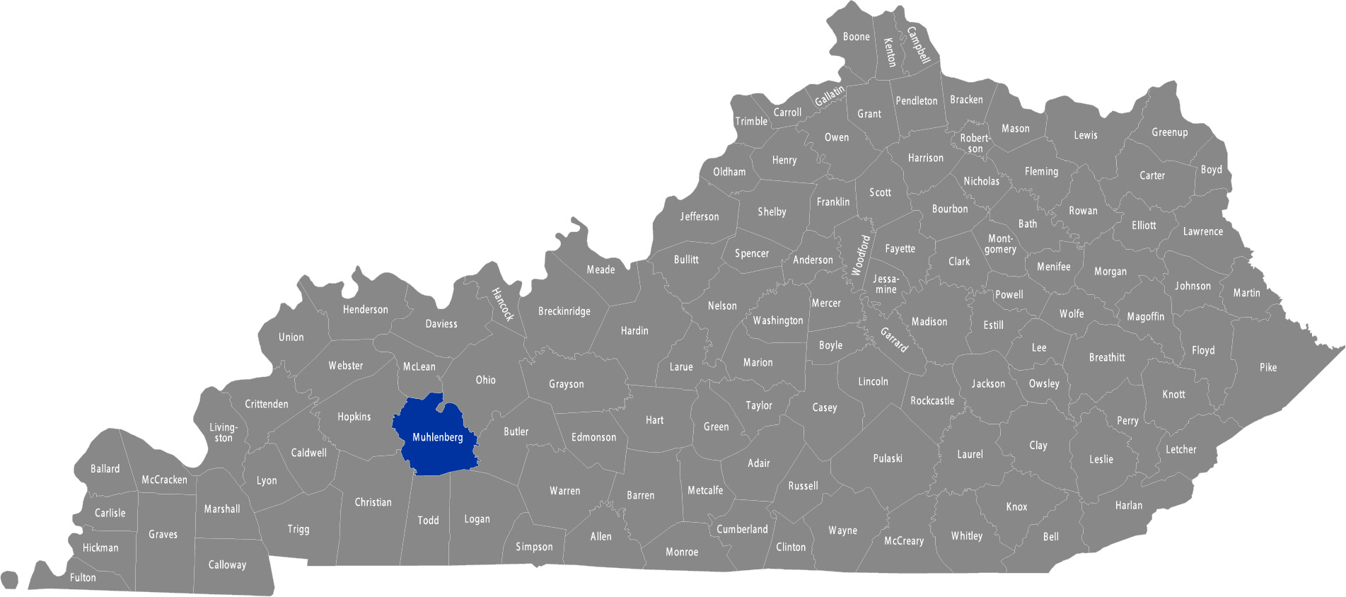 State of Kentucky map with Muhlenberg County highlighted